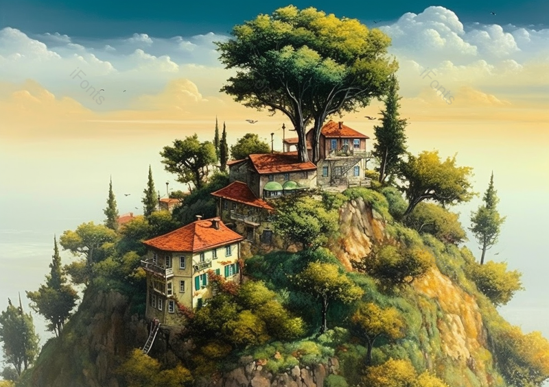 屋顶大树山顶上的房屋插画背景,插画/手绘图,插画/手绘图库,插画/手绘图下载,插画/手绘